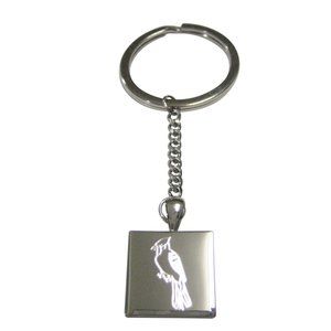 Silver Toned Square Etched Blue Jay Bird Pendant Keychain